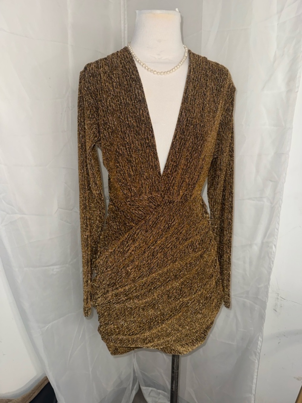 Metallic Brown Wrap-Style Long Sleeve Dress